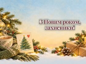 Дитяча листівка з ялинкою, шарф, чай і посилка