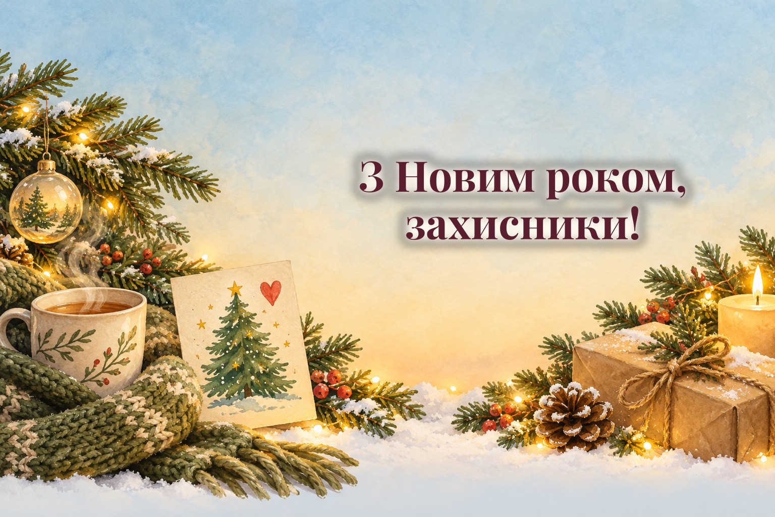 Дитяча листівка з ялинкою, шарф, чай і посилка