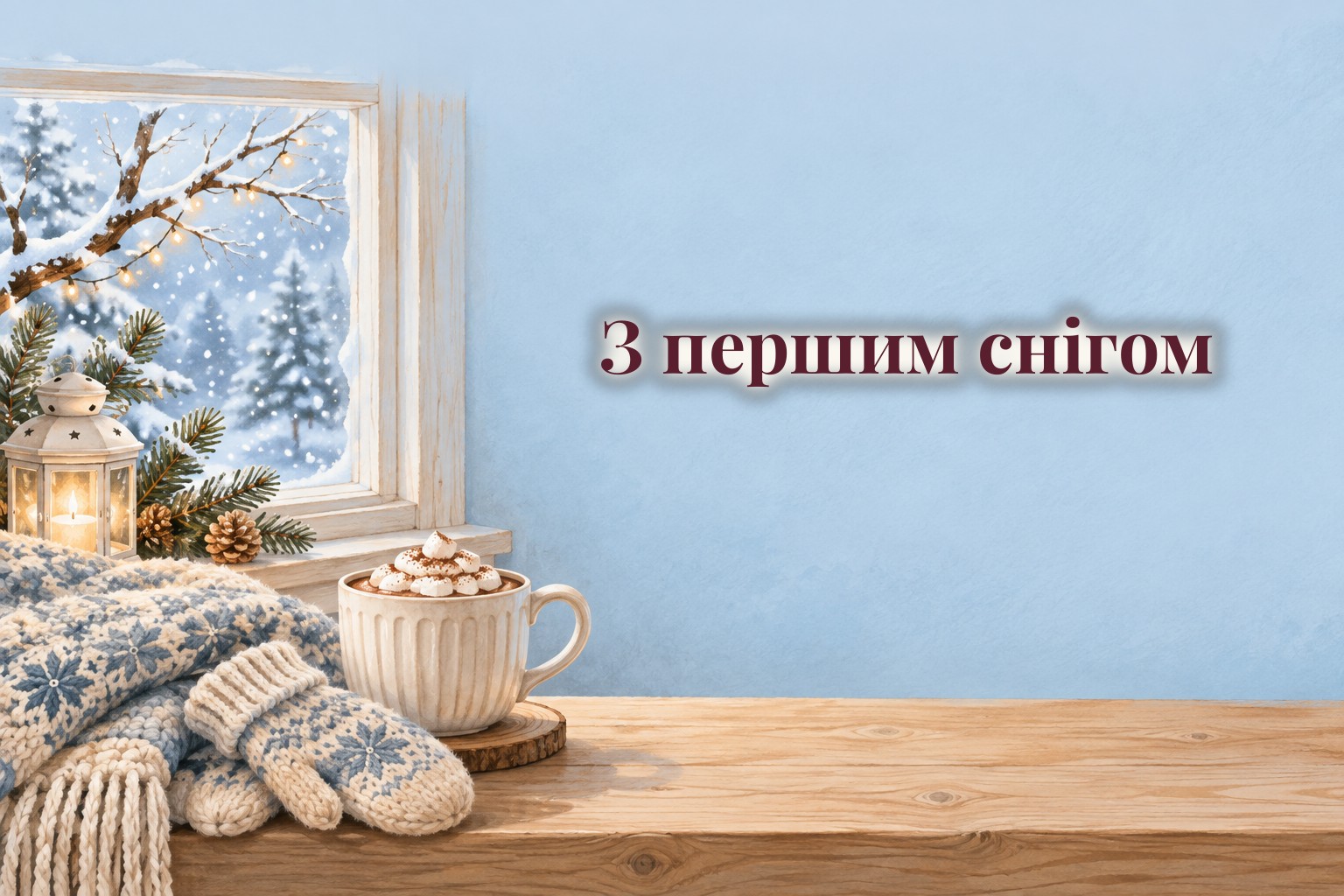 Підвіконня з какао, пледом і рукавицями, за вікном перший сніг