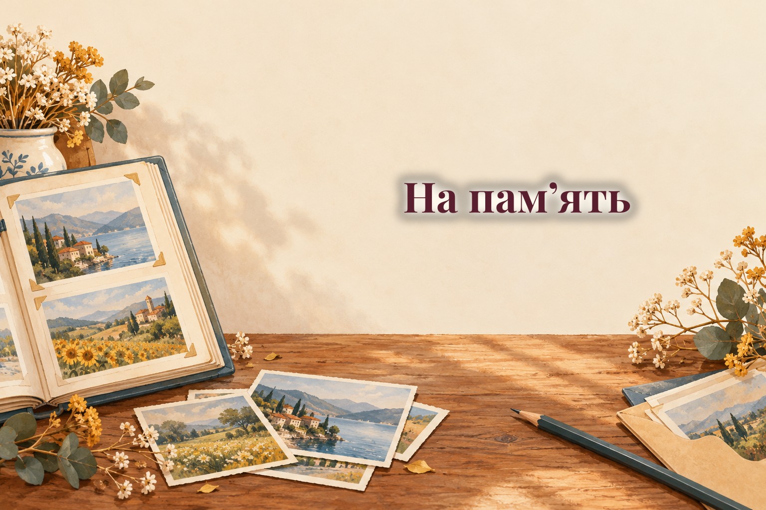 Роздруковані фото, фотоальбом, олівець і сухоцвіти на столі