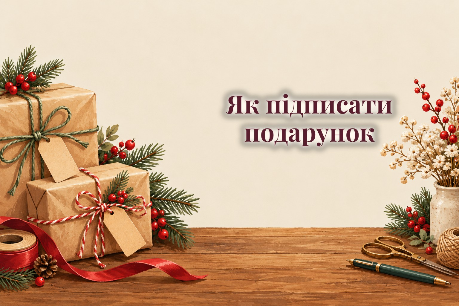Подарунки в крафтовому папері з бирками, шпагат, ножиці і ручка