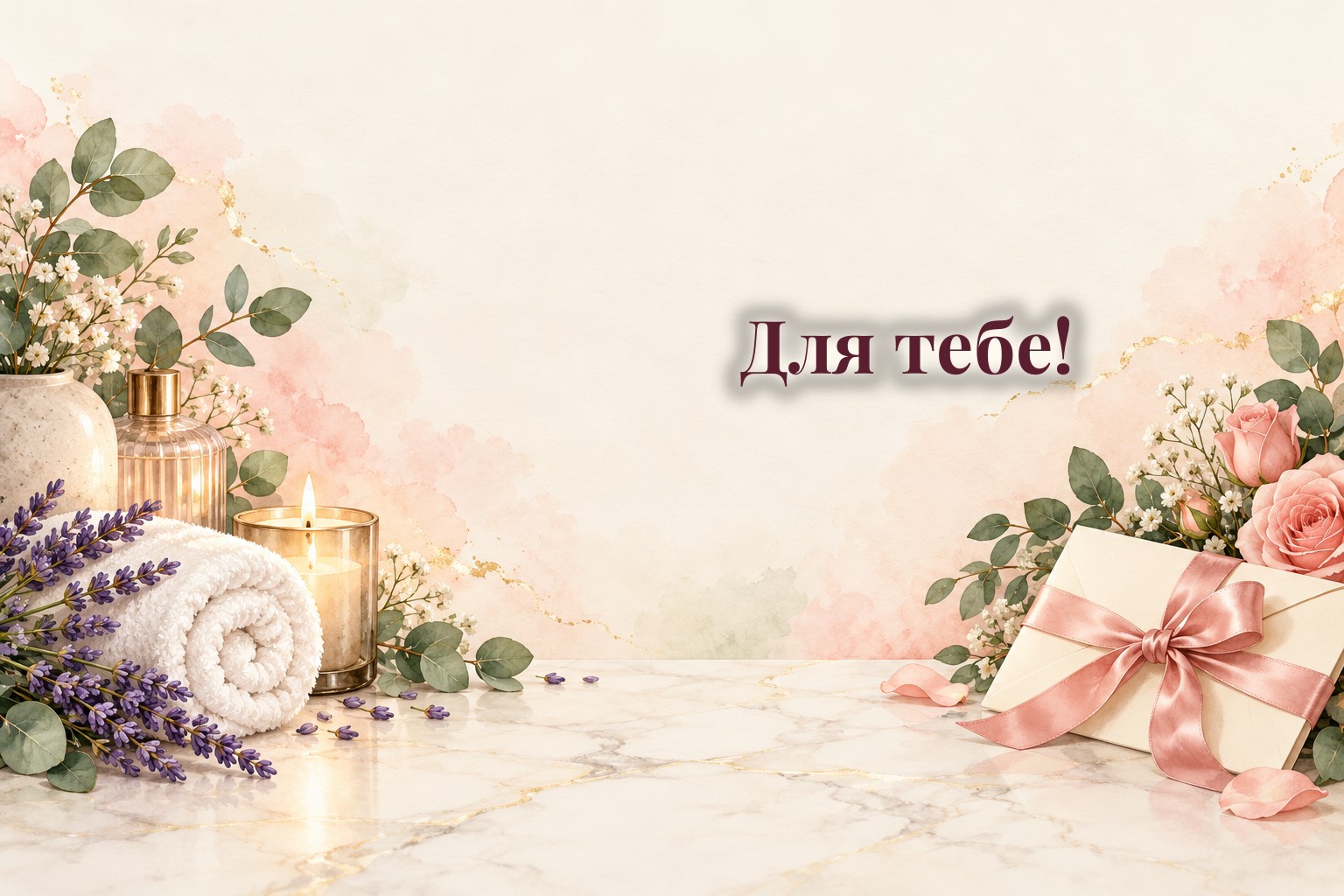 Подарунковий конверт зі стрічкою, свічка, рушник для спа і квіти