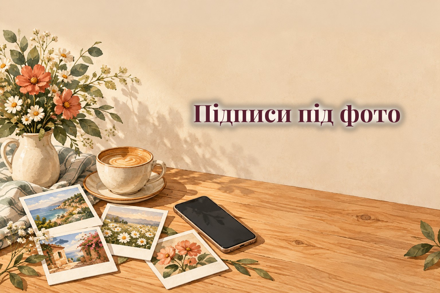 Полароїдні знімки, смартфон і чашка кави на столі