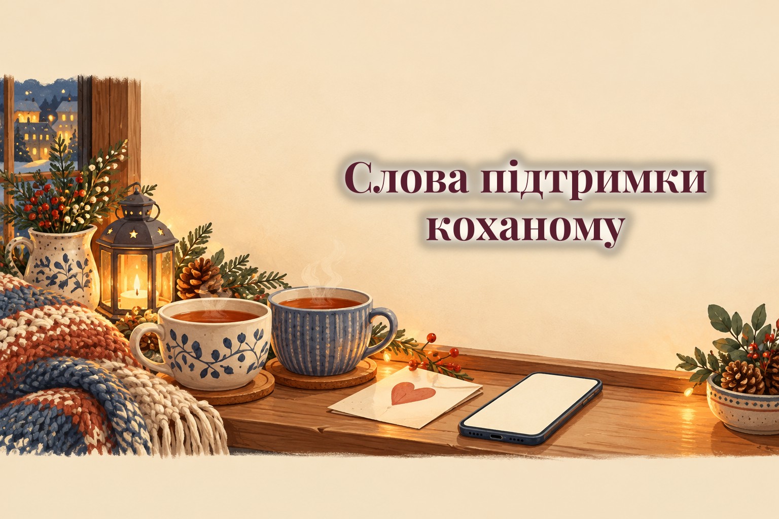Дві чашки чаю, теплий плед і записка із сердечком на підвіконні