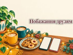 Чашки кави, печиво, гірлянда і два смартфони на столі