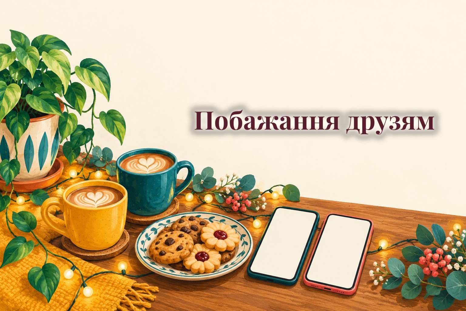 Чашки кави, печиво, гірлянда і два смартфони на столі