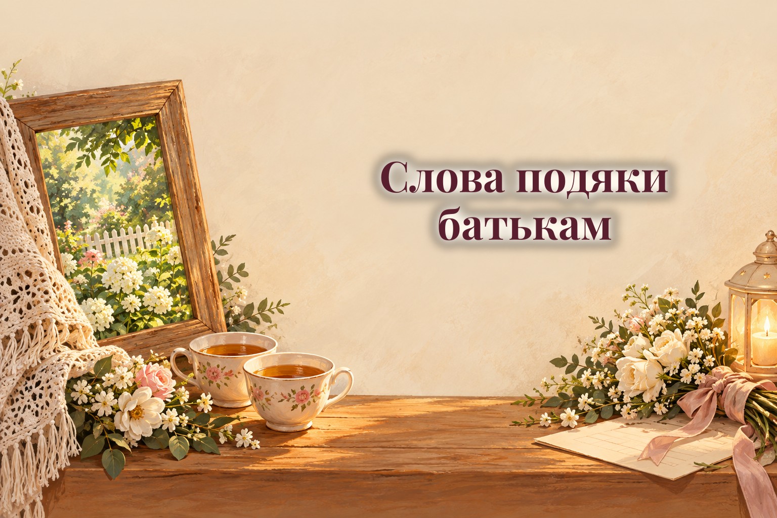 Стара рамка з фото саду, шаль, дві чашки чаю і весільний букет