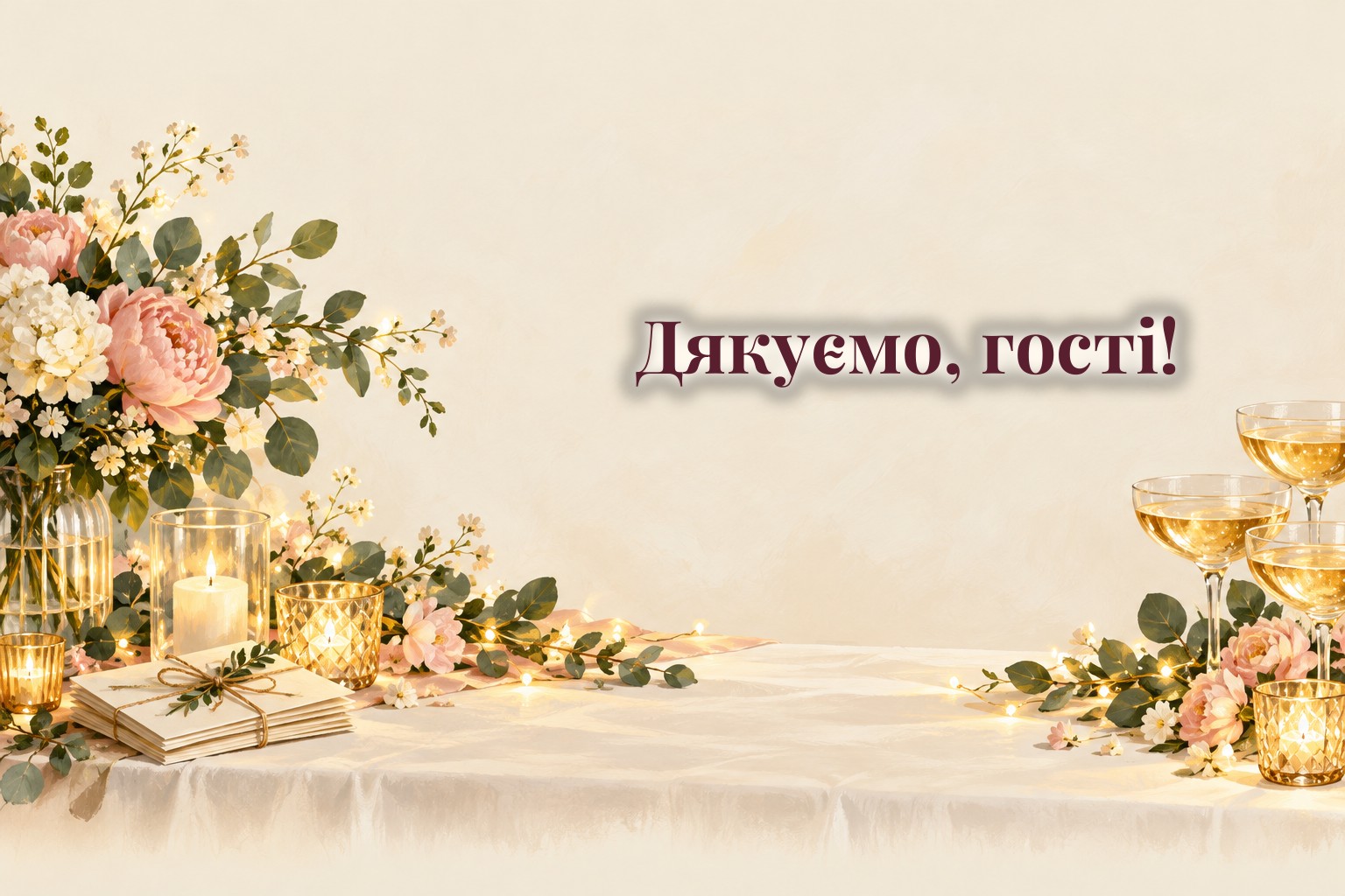 Святковий стіл зі свічками, букетиками і листівками-подяками