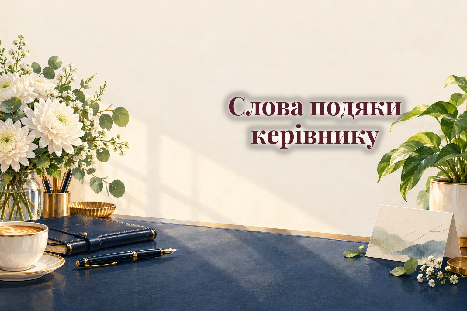 Офісний стіл із ручкою, блокнотом, кавою і білими хризантемами