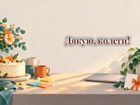 Офісний стіл із тортом, кавою, стікерами і листівкою-подякою