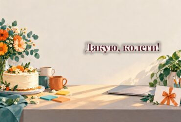 Офісний стіл із тортом, кавою, стікерами і листівкою-подякою