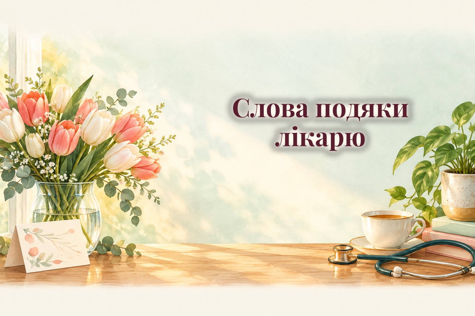 Тюльпани, листівка-подяка, стетоскоп і чашка чаю на столі