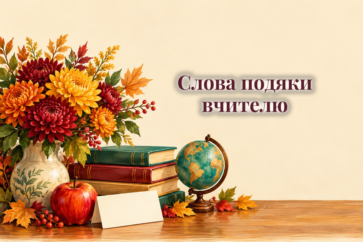 Букет квітів, книжки, глобус і яблуко на вчительському столі