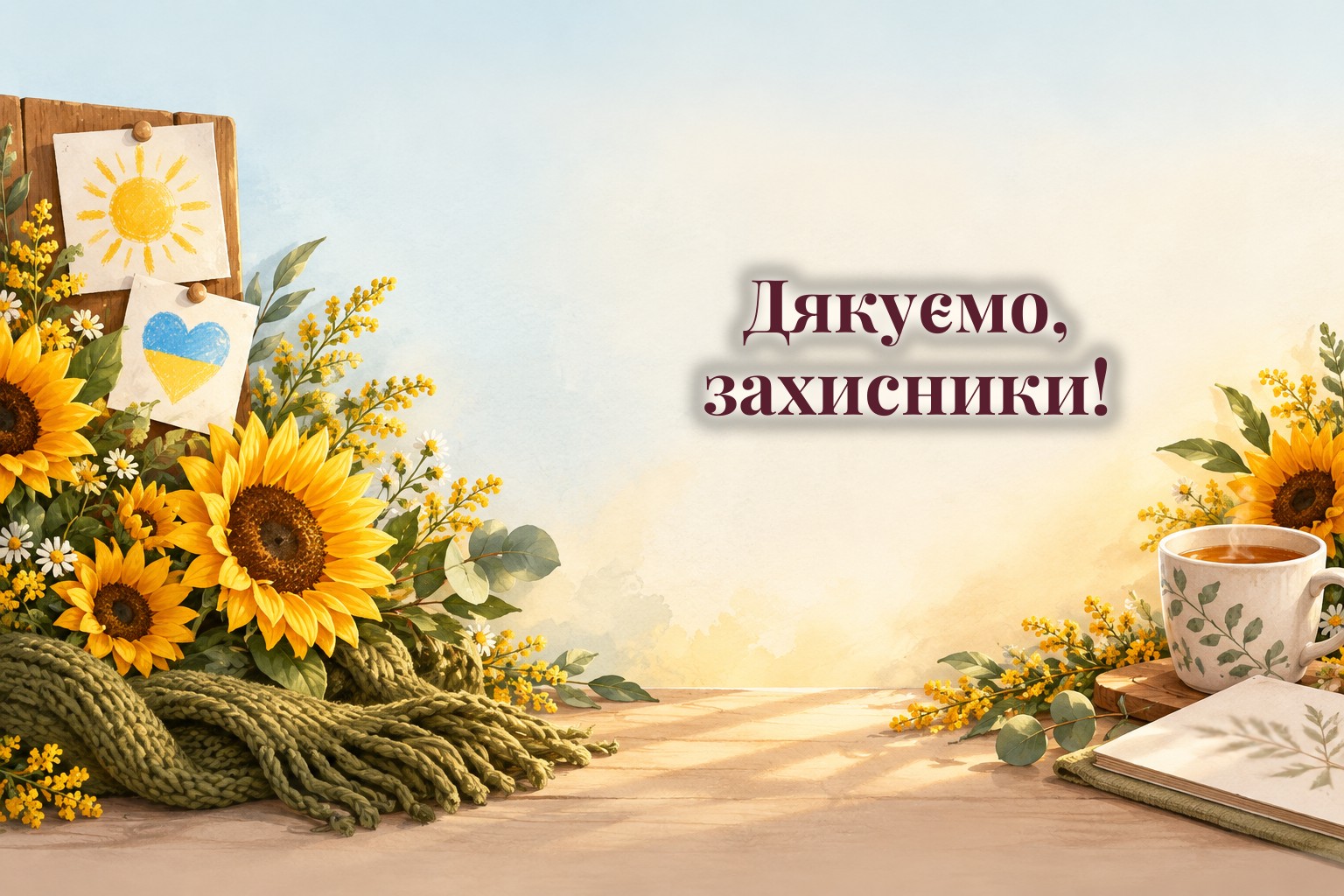 Дитячий малюнок сонця, соняшники, оливковий шарф і записка