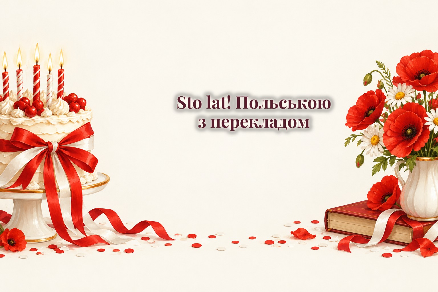 Святковий торт, біло-червоні стрічки і книжка