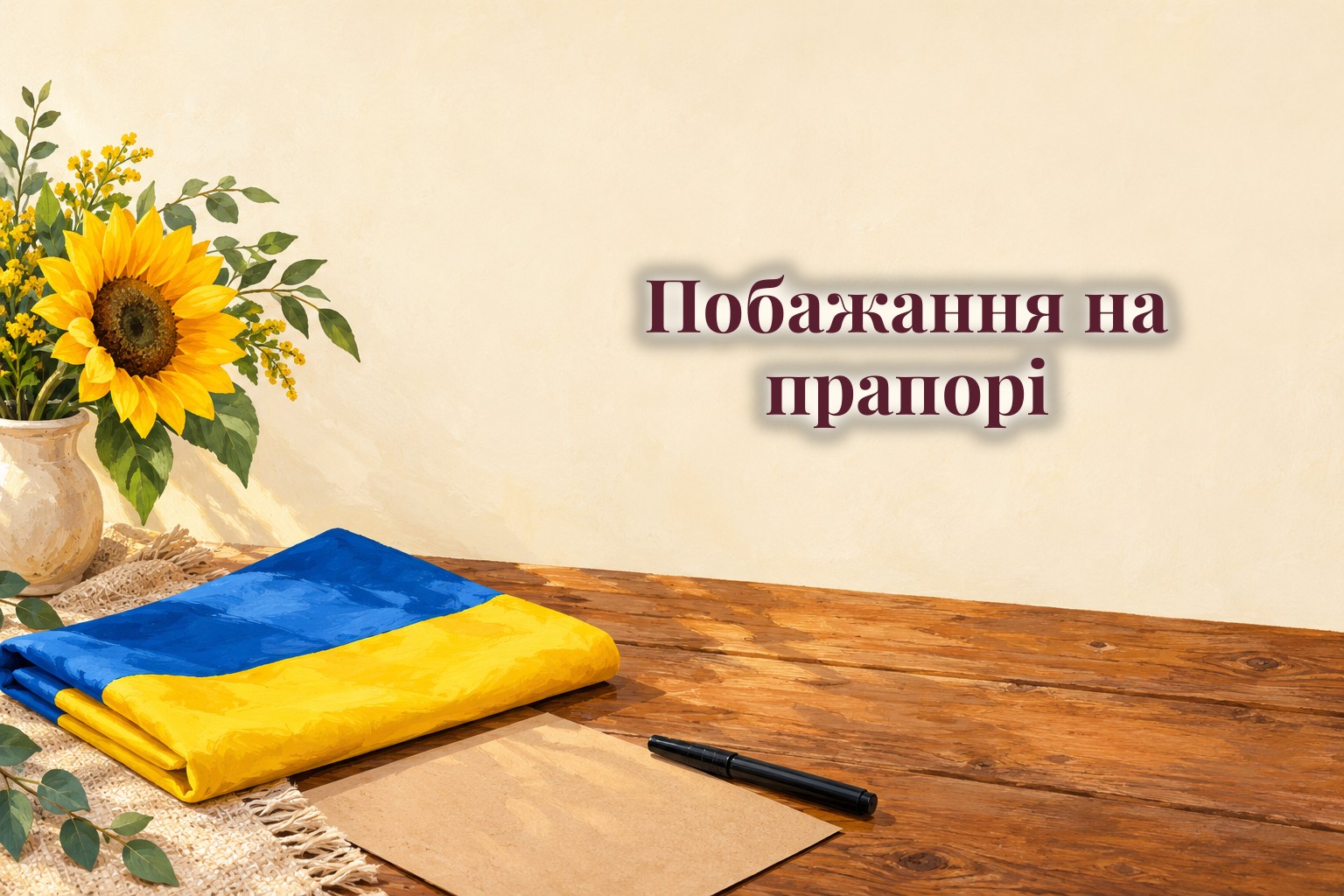 Синьо-жовтий прапор на деревʼяному столі, маркер і картон