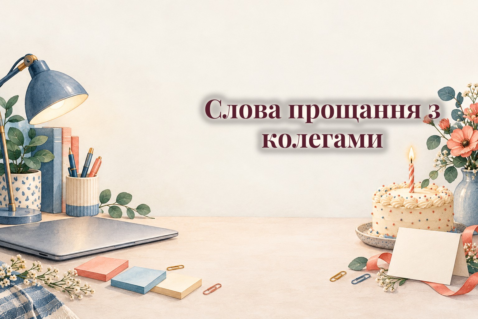 Робочий стіл, торт до останнього робочого дня і листівка