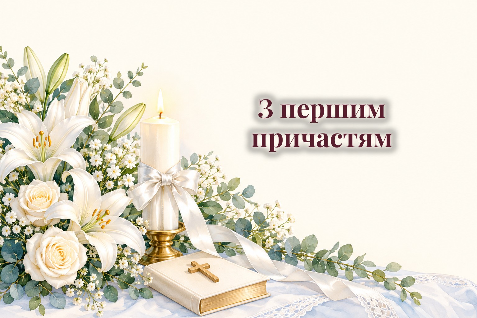 Білі квіти, свічка з білою стрічкою і дитячий молитовник на столі