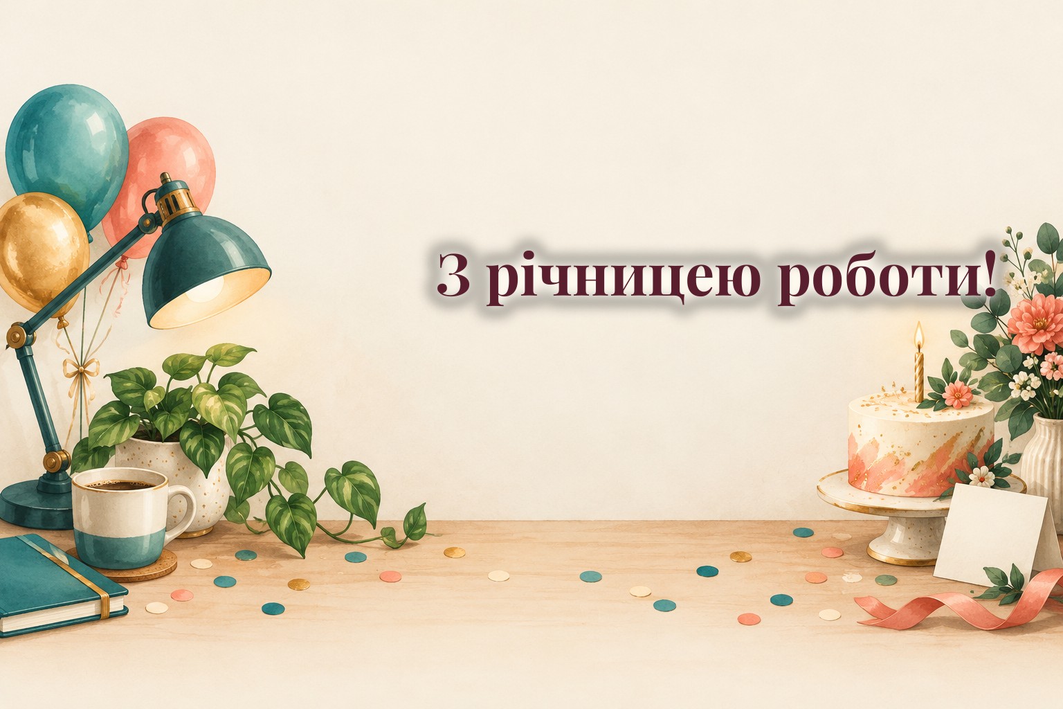 Робочий стіл із чашкою кави, тортиком і листівкою