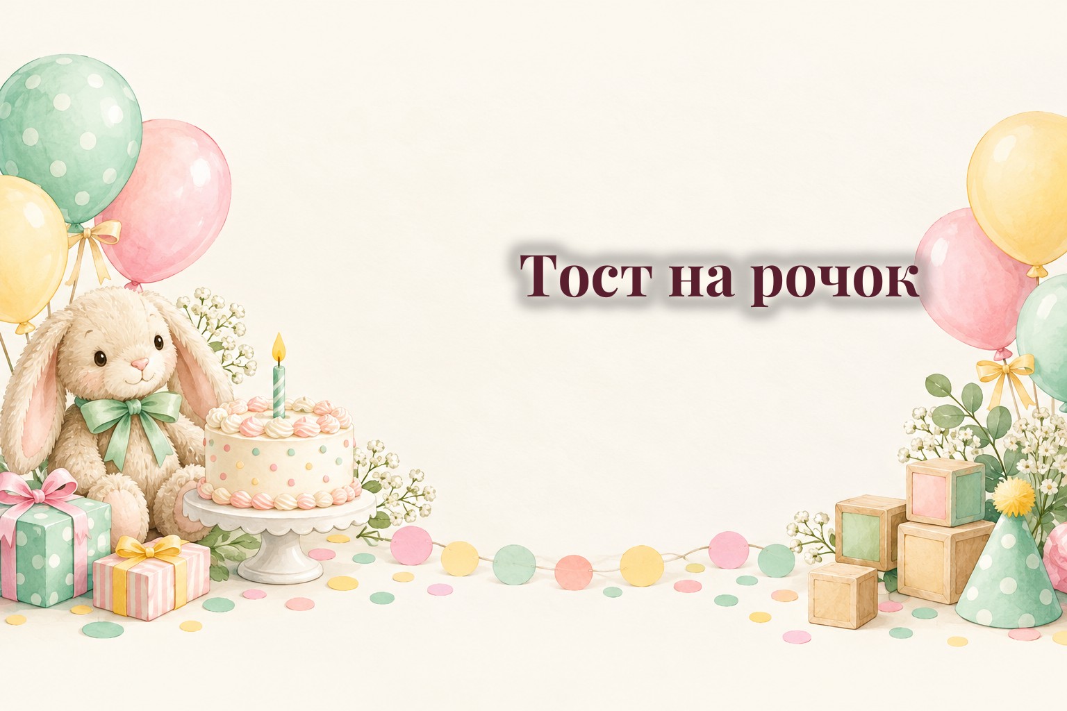 Тортик з однією свічкою, плюшевий зайчик і кульки