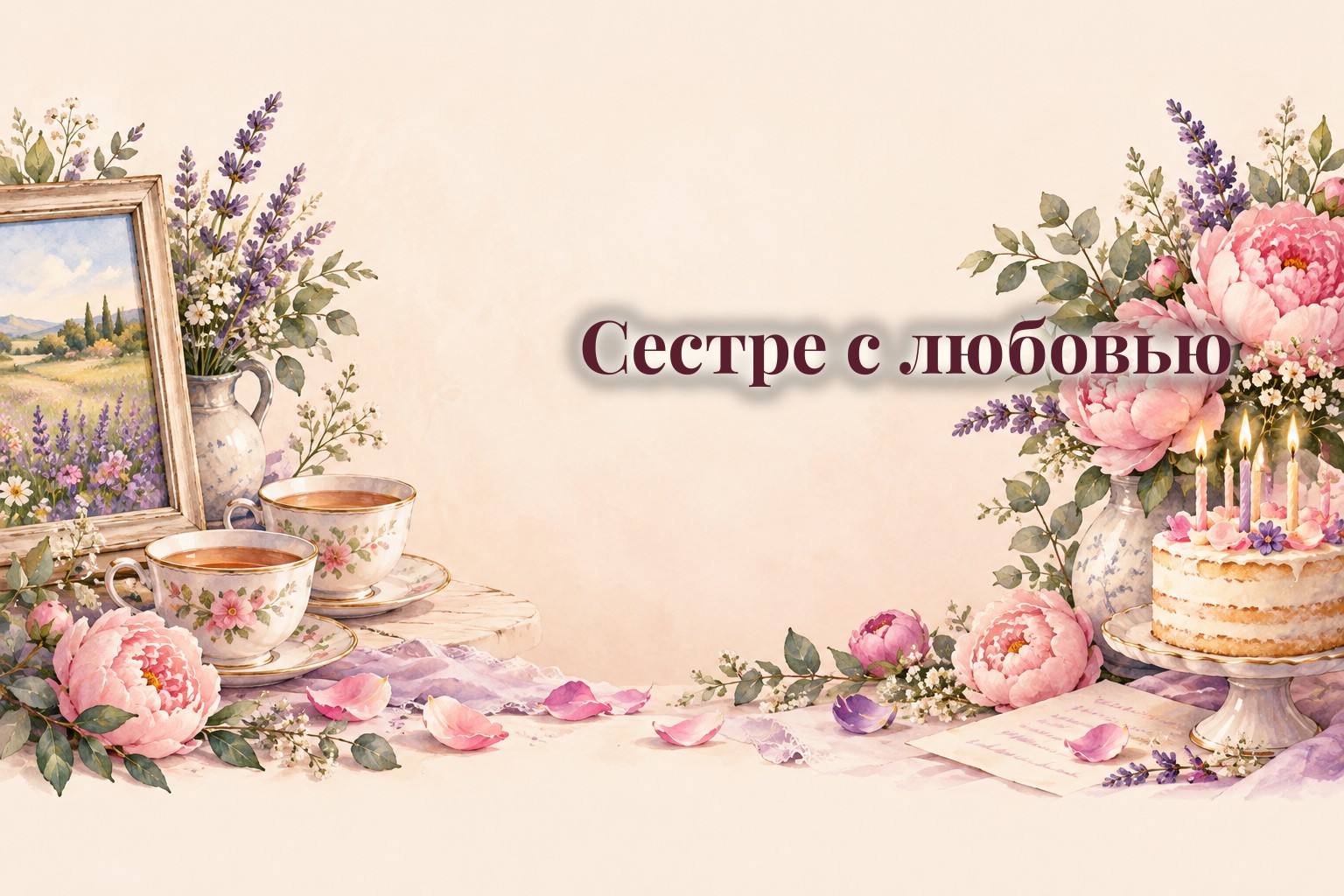 Две чашки чая, пионы и торт со свечами