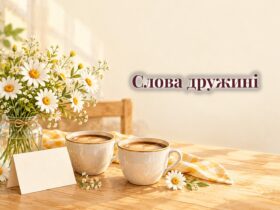 Дві чашки кави, букет ромашок і листівка на столі