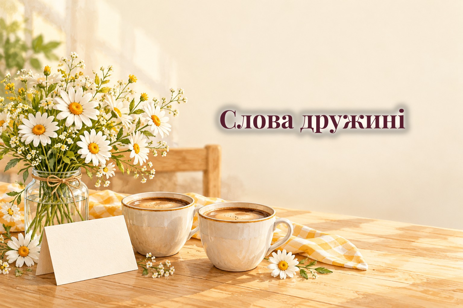 Дві чашки кави, букет ромашок і листівка на столі