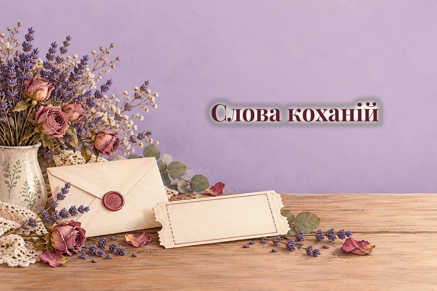 Конверт, сухоцвіти і квиток на потяг на столі