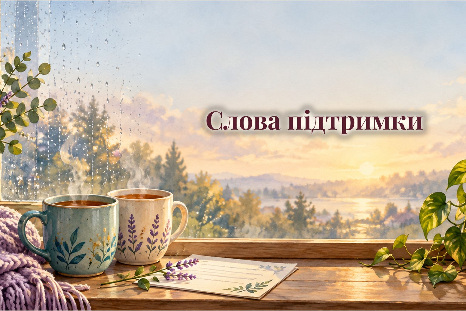 Дві чашки чаю на підвіконні, плед, записка і вазон