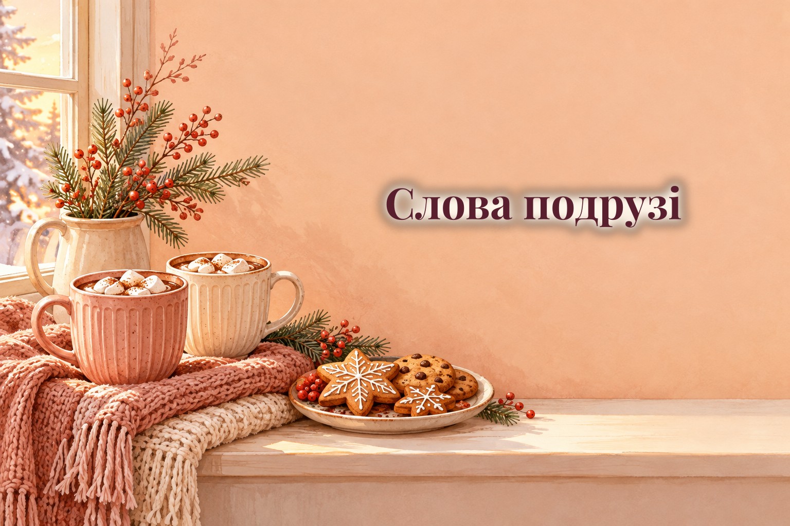 Дві чашки какао, печиво і пледи на підвіконні