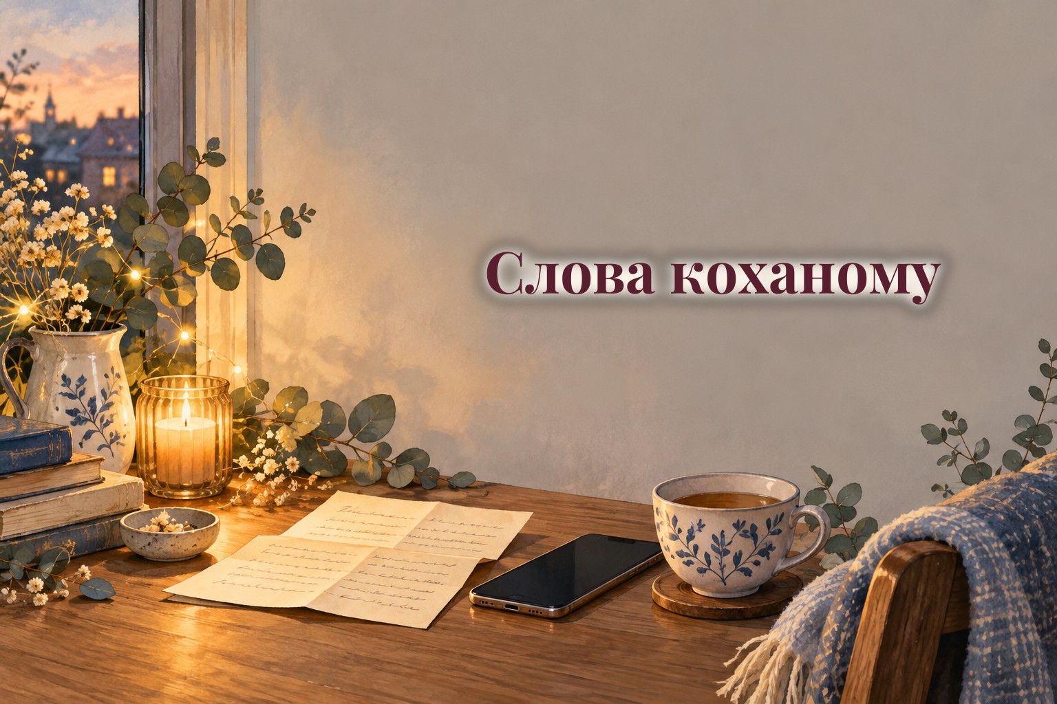 Лист без напису, смартфон і чашка чаю біля вікна