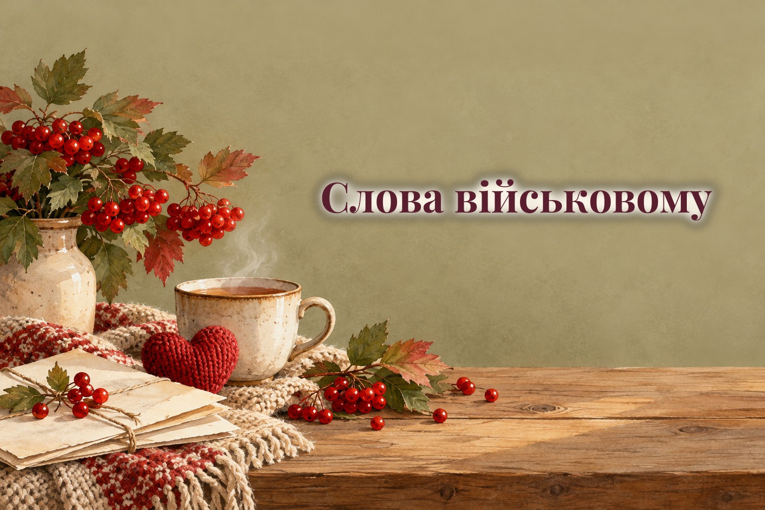 Лист, вʼязане серце і чашка чаю на столі