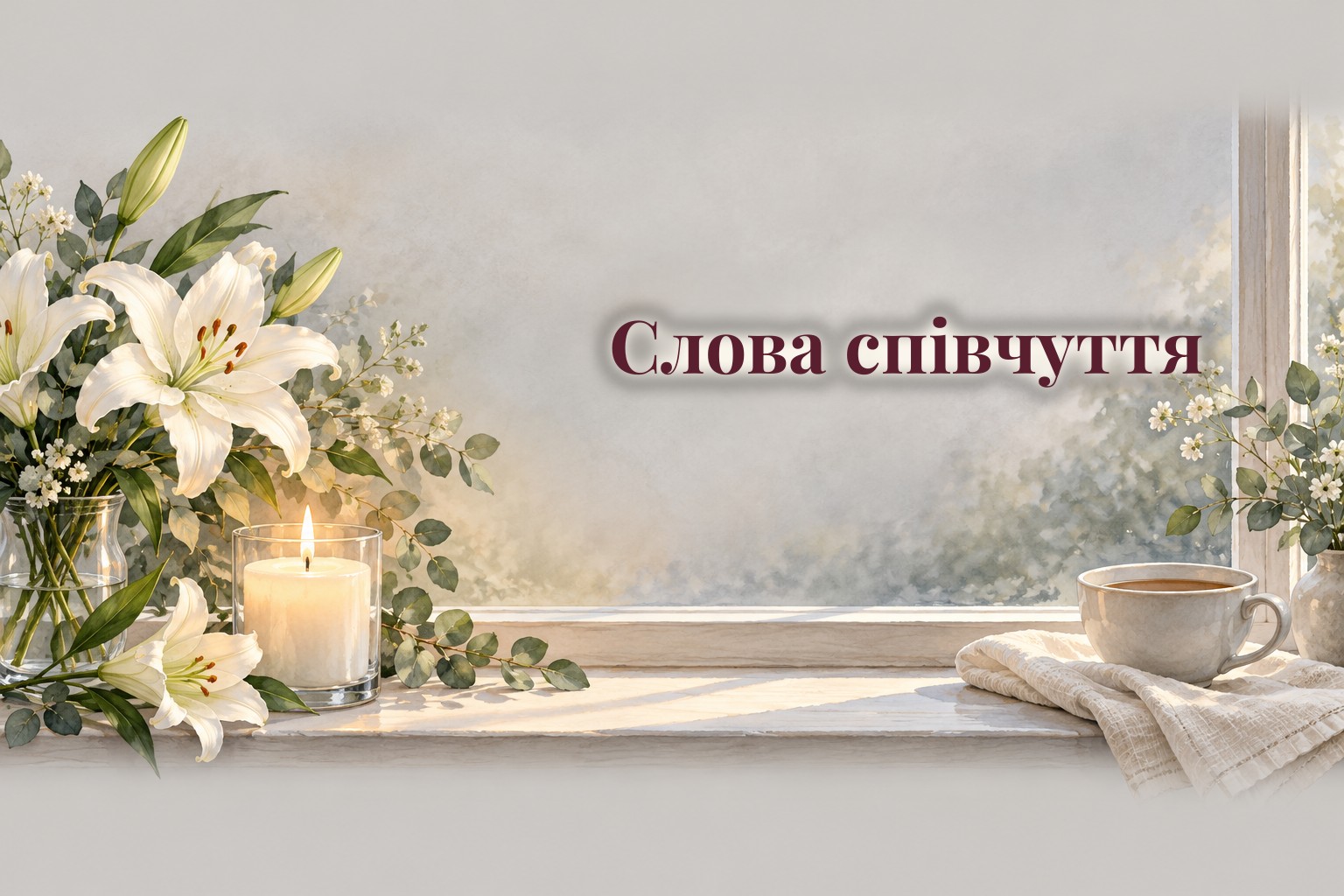 Запалена свічка, білі лілії і чашка чаю біля вікна