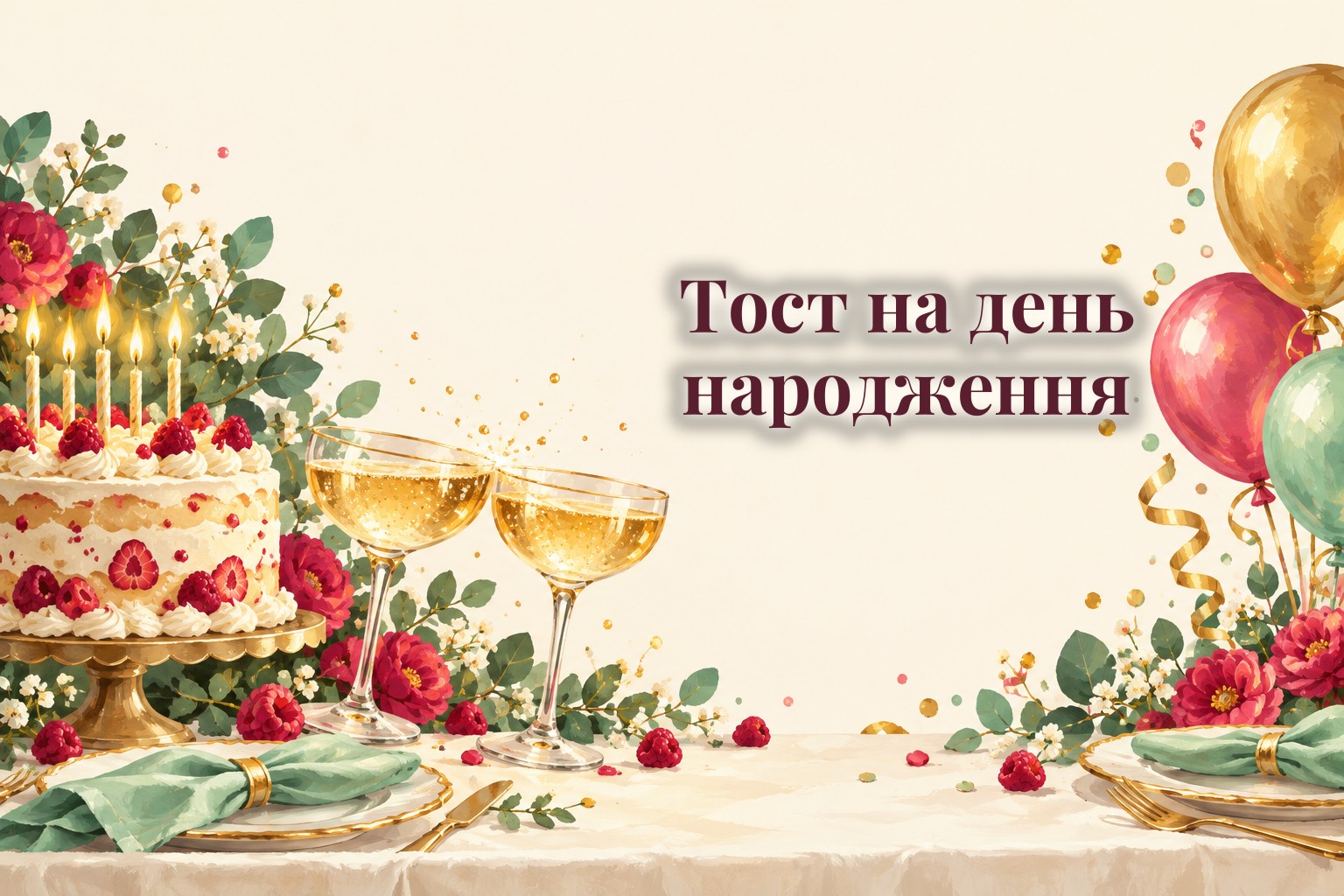 Святковий стіл із тортом зі свічками, келихами і повітряними кульками