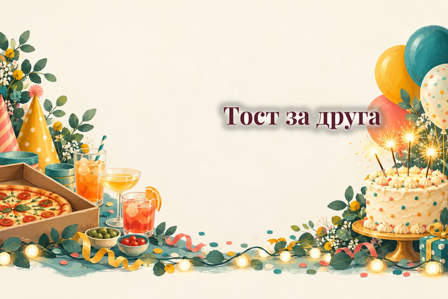 Святковий стіл із келихами, тортом і кульками