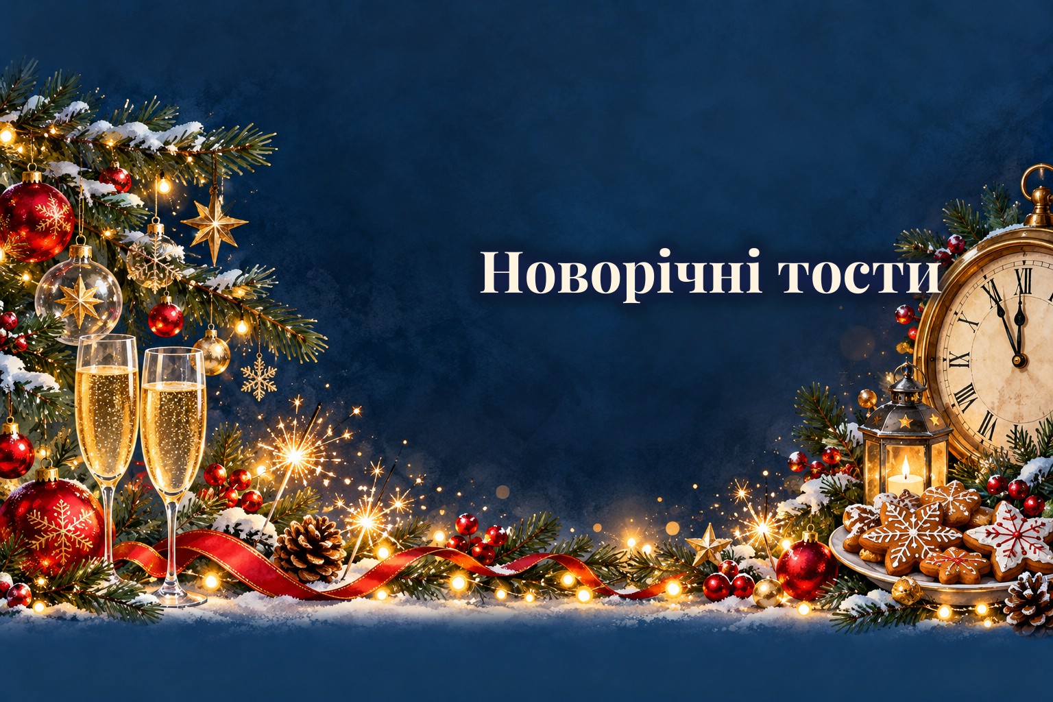 Ялинкова гілка з іграшками, келихи і годинник перед північчю