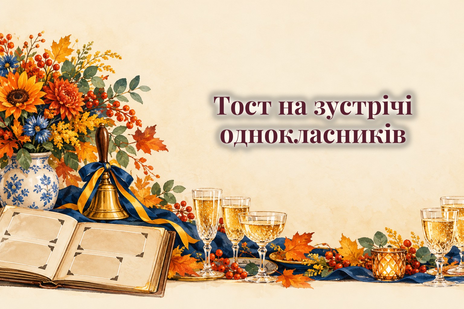 Шкільний дзвоник, старий фотоальбом і келихи на столі