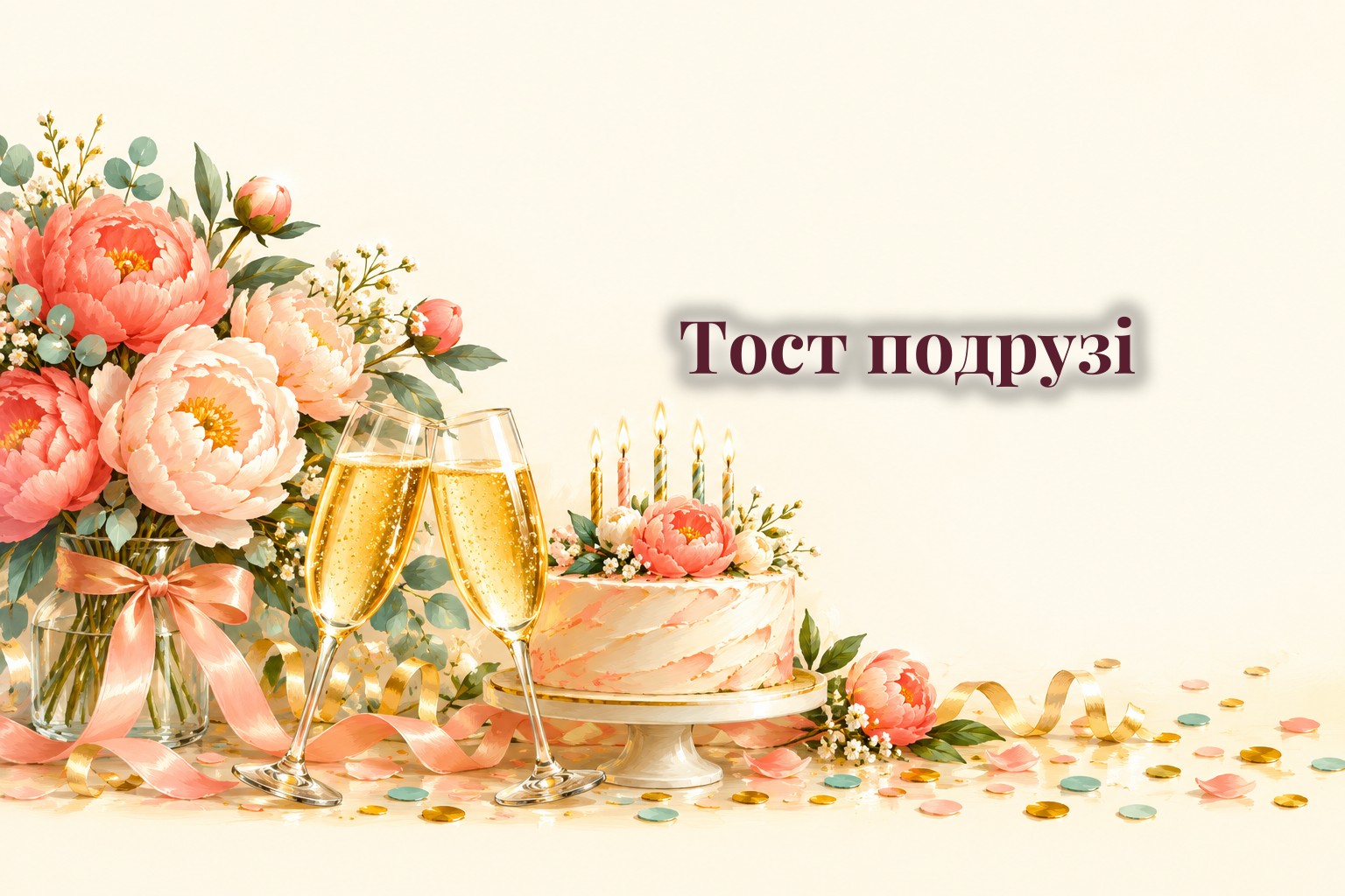 Келихи, торт зі свічками і квіти на святковому столі