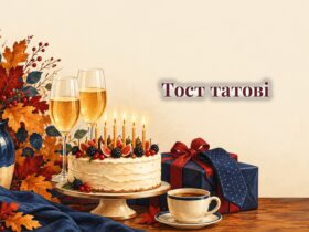 Келихи, святковий торт і краватка в подарунковій коробці на столі