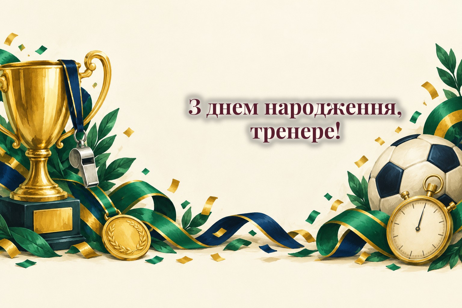 Свисток, кубок, мʼяч і святкові стрічки