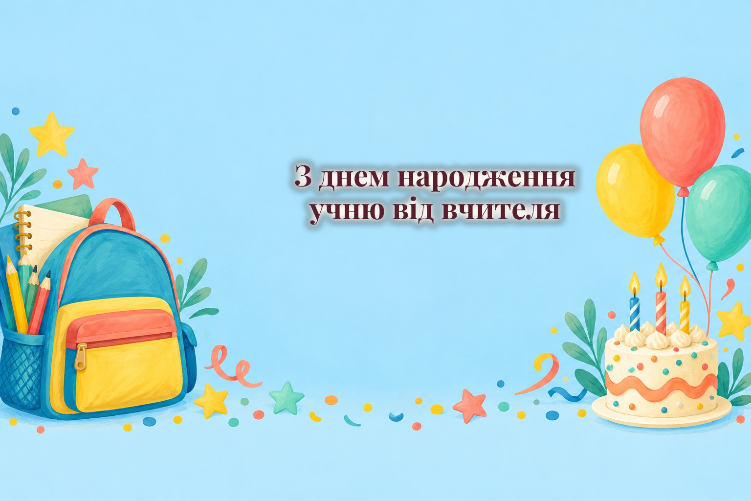 Шкільний рюкзак, зошити, кульки і маленький торт