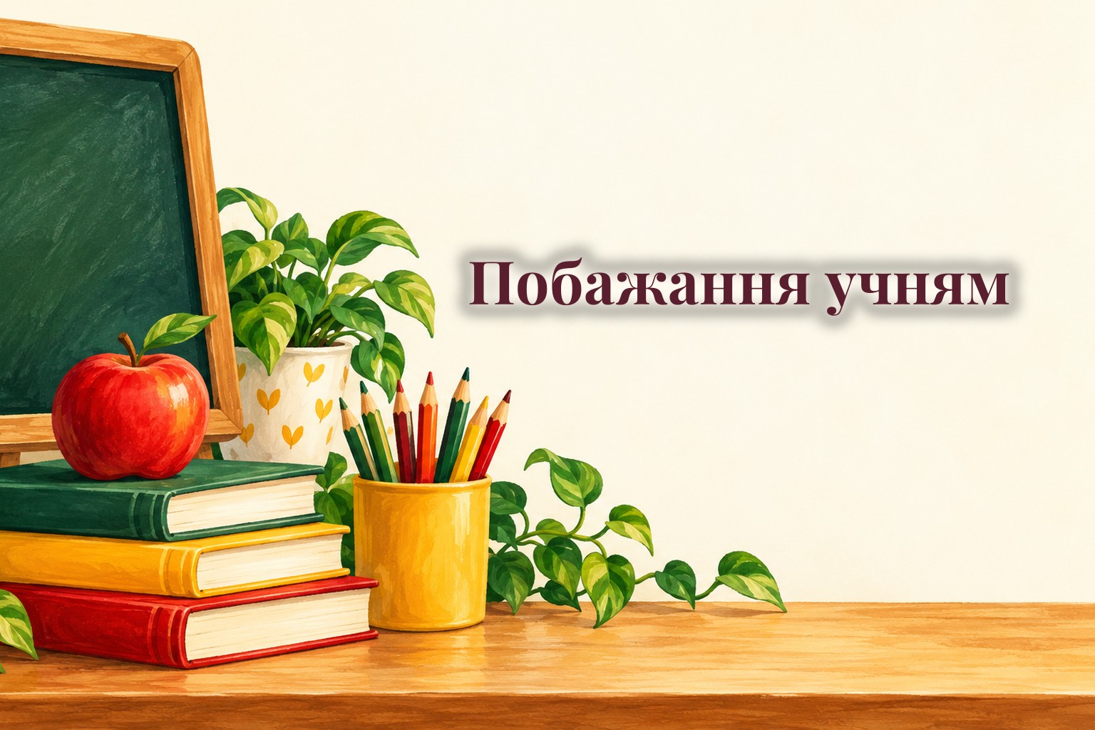 Шкільна дошка без написів, книжки, олівці і яблуко на парті