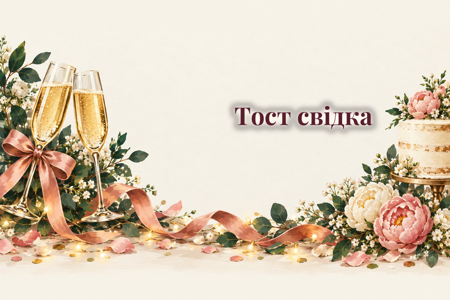 Келихи з бантом, весільний торт і букет півоній