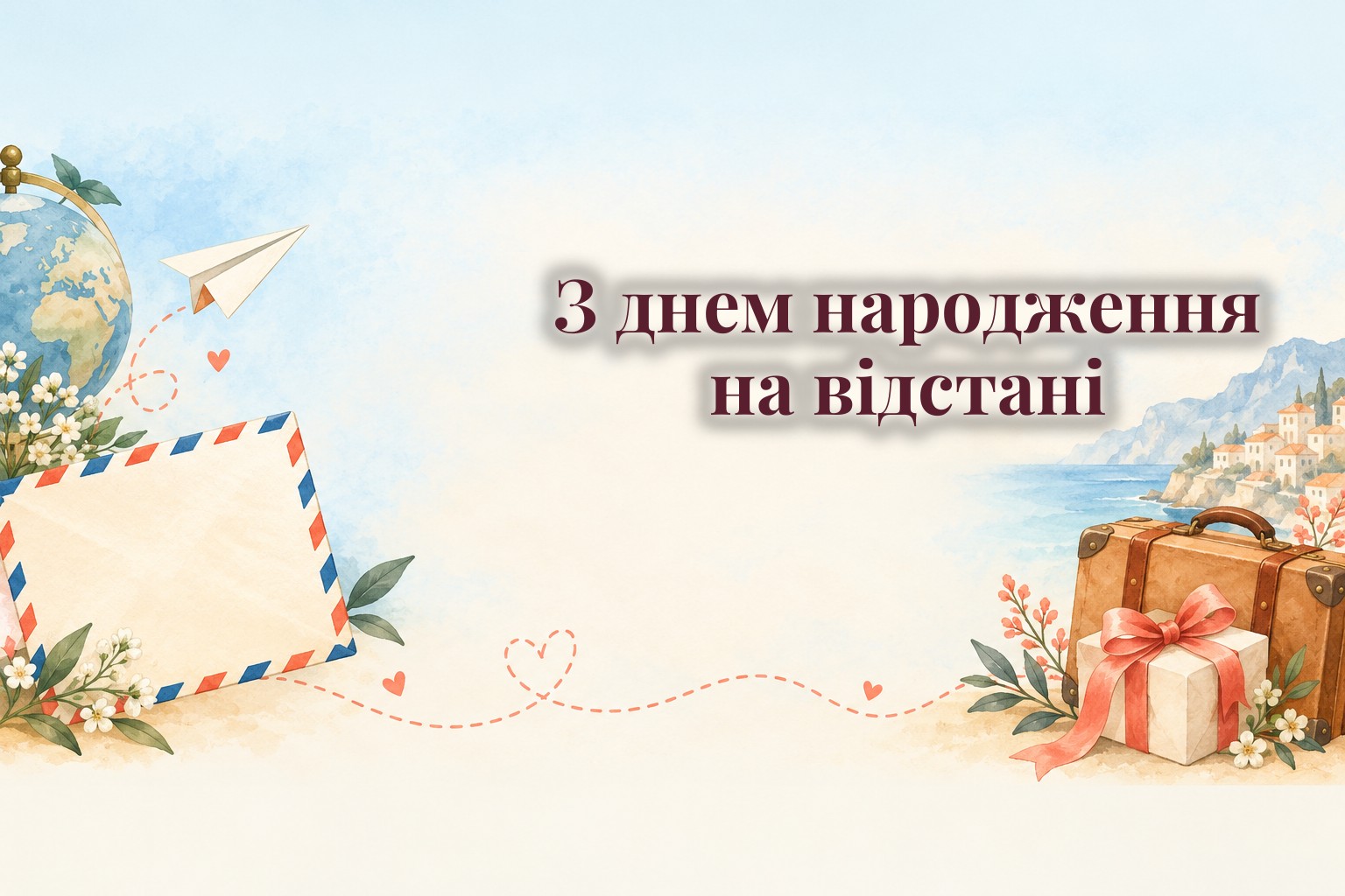 Конверт із паперовим літачком, валіза і подарунок
