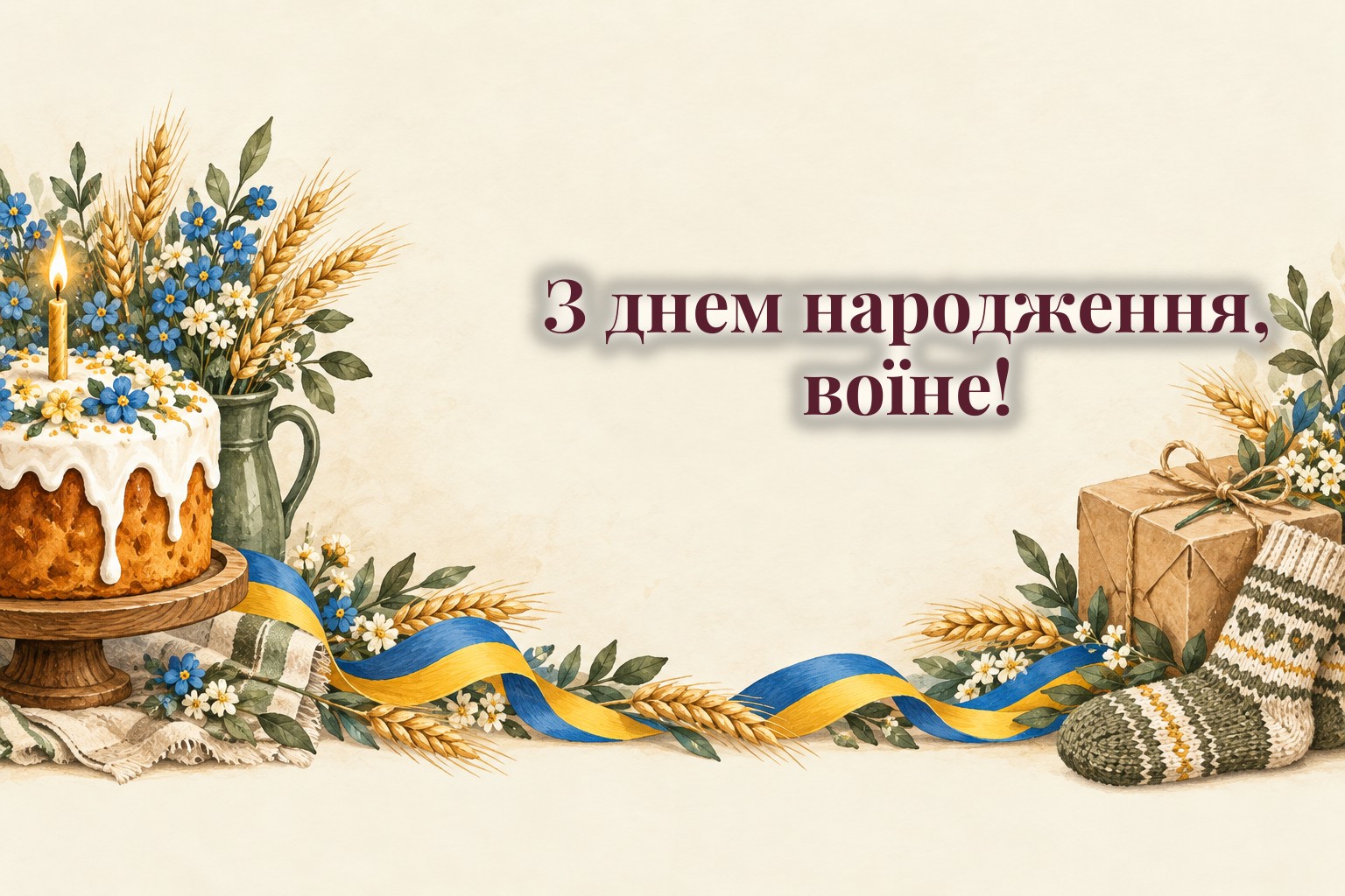 Домашній торт зі свічкою, посилка і синьо-жовта стрічка