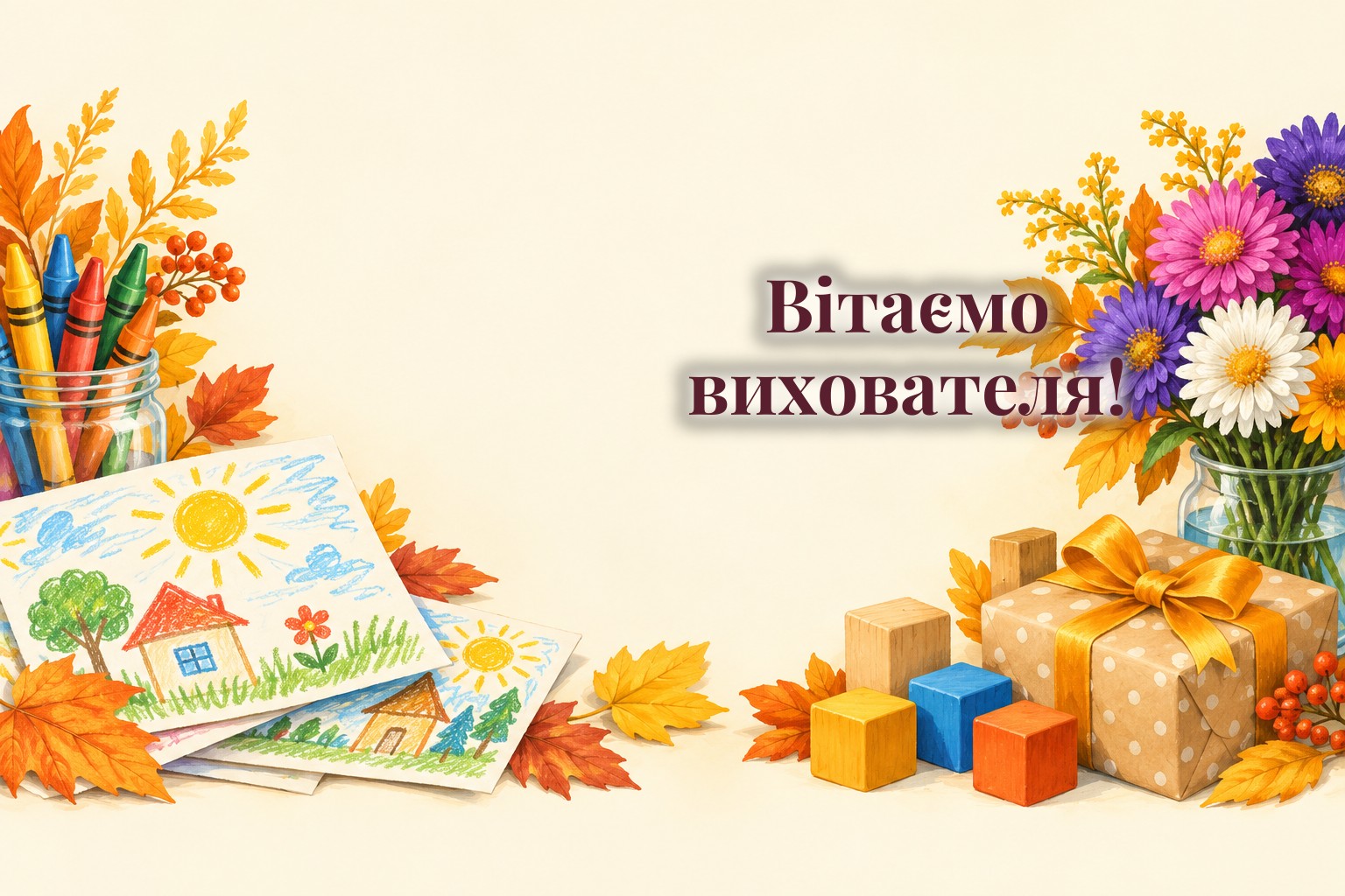 Дитячі малюнки, воскові олівці і букет айстр
