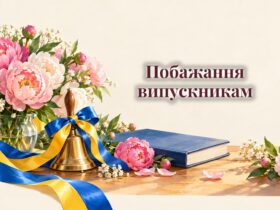 Стрічка випускника, дзвіночок, квіти і випускний альбом на столі