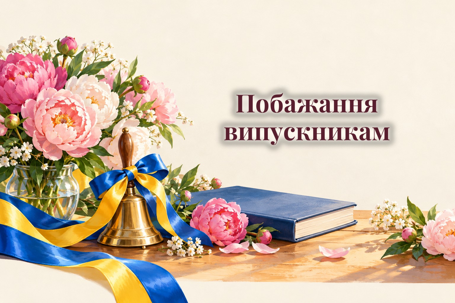 Стрічка випускника, дзвіночок, квіти і випускний альбом на столі