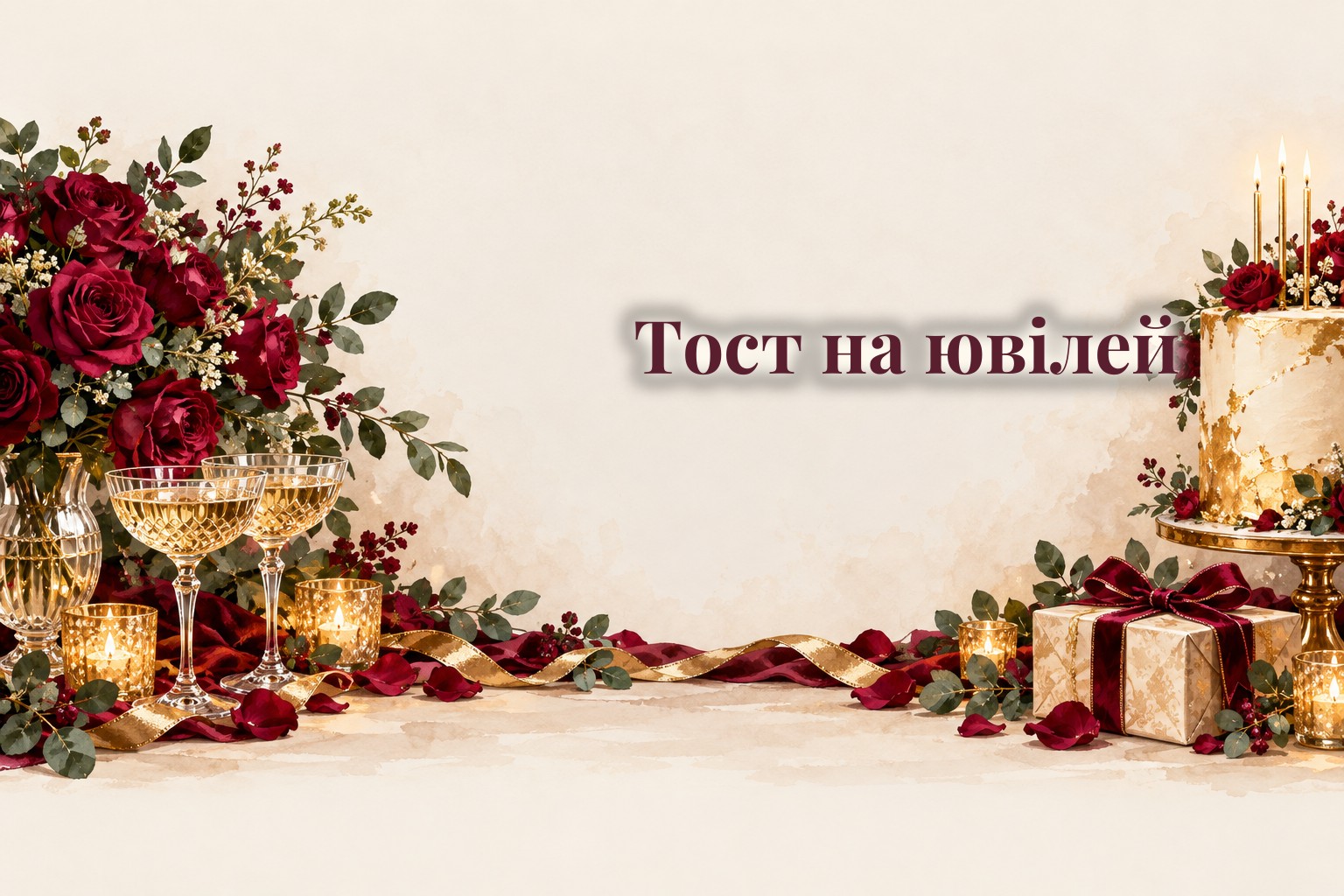 Святковий стіл із трояндами, келихами і тортом