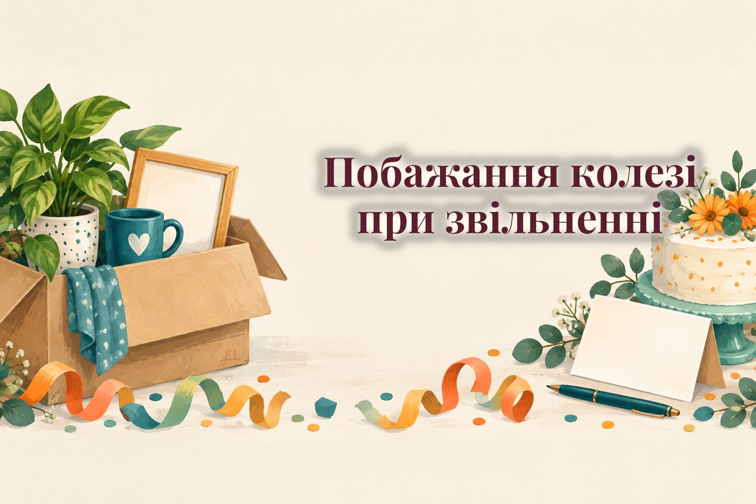 Коробка з речами колеги, чашка і прощальна листівка